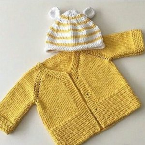 Yellow White Cardigan and Cap